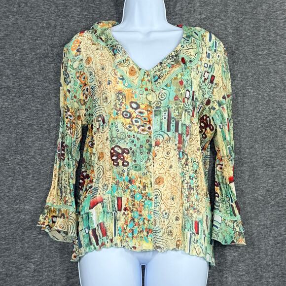 Y2kK Crinkle Ruffle Top Sz Large Petite Long Bell Sleeves Dangling Beads Boho - Picture 1 of 7